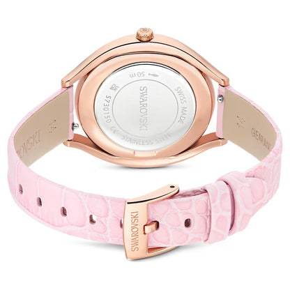 Swarovski watch with pink strap and rose gold case on a white background