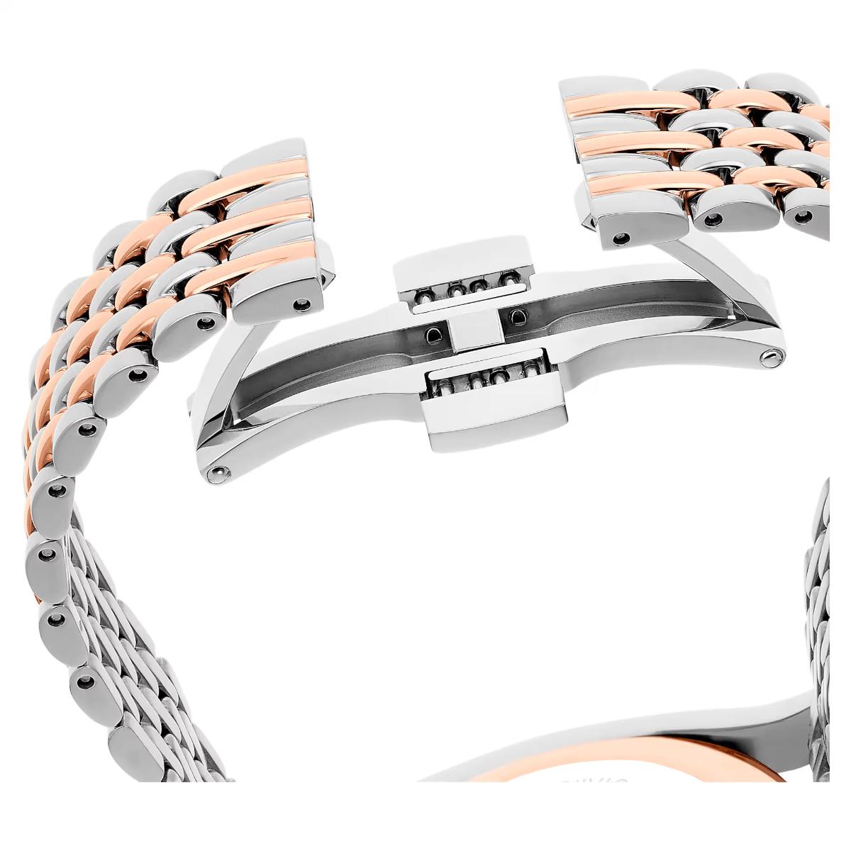 Metallic watch strap with rose gold and silver tones on a white background