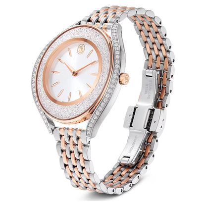 Silver and rose gold watch with a detailed face on a white background