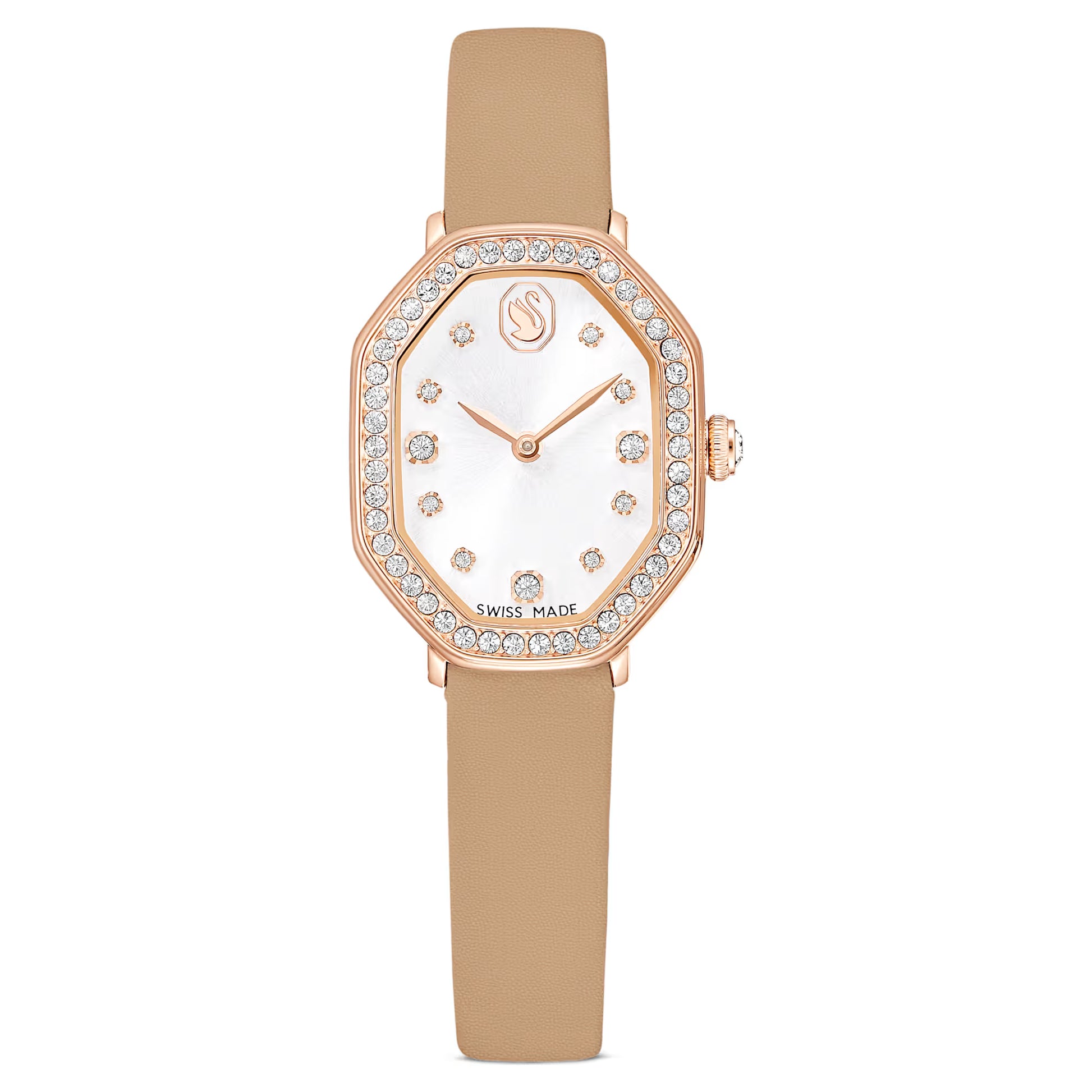 Watch with rose gold case and beige strap on a white background