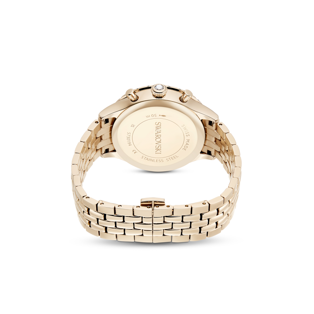 Rose gold watch with brand name on a white background