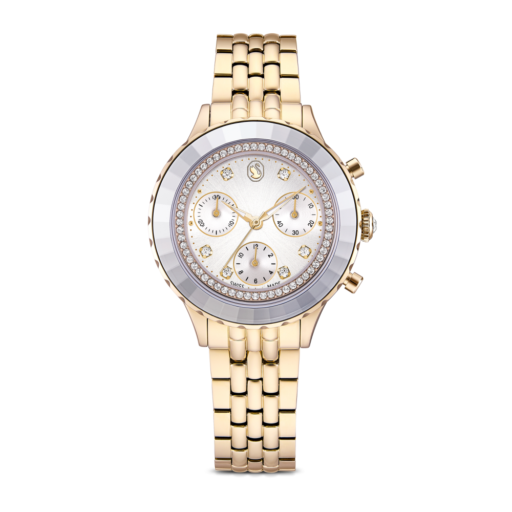 Gold and silver watch with diamond-studded face on a white background