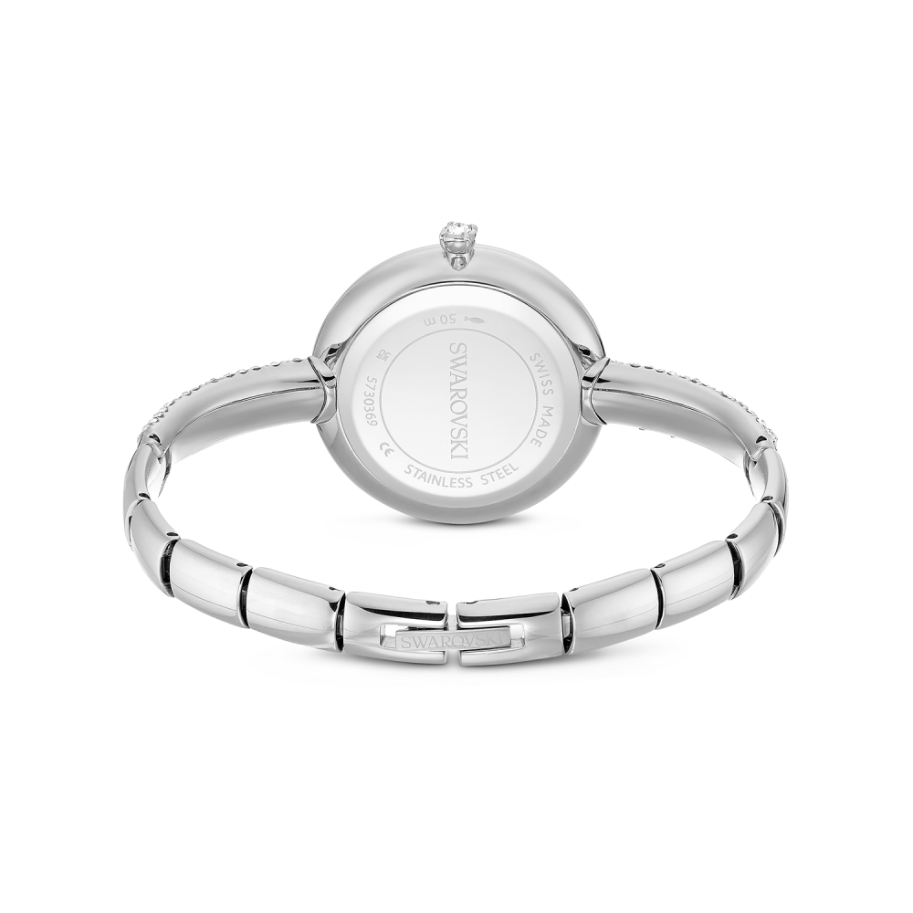 Silver bracelet with a brand logo on a white background
