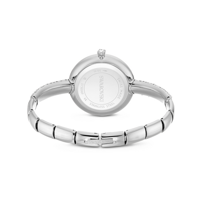 Silver bracelet with a brand logo on a white background