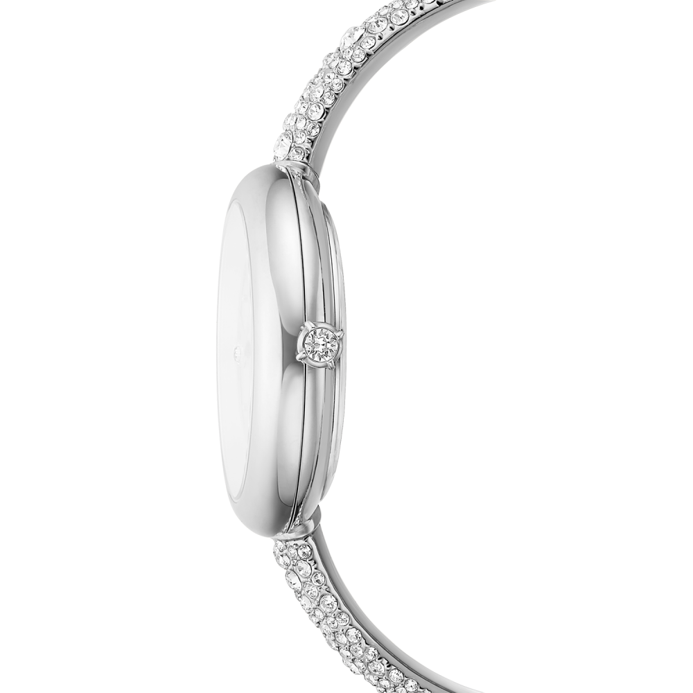 Close-up of a silver bracelet with diamond accents on a white background