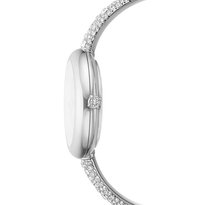 Close-up of a silver bracelet with diamond accents on a white background
