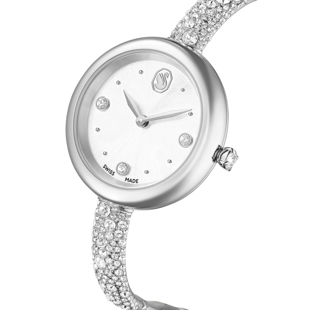 Silver watch with crystal-studded strap on a white background
