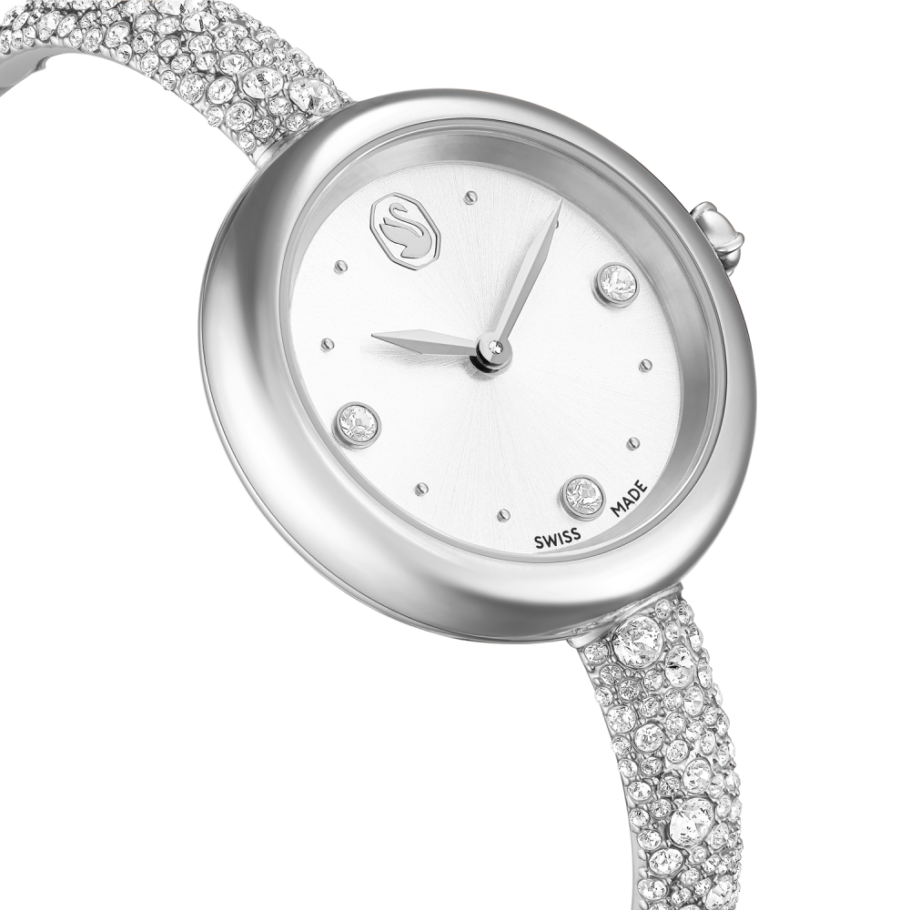 Silver watch with diamond-studded strap on a white background