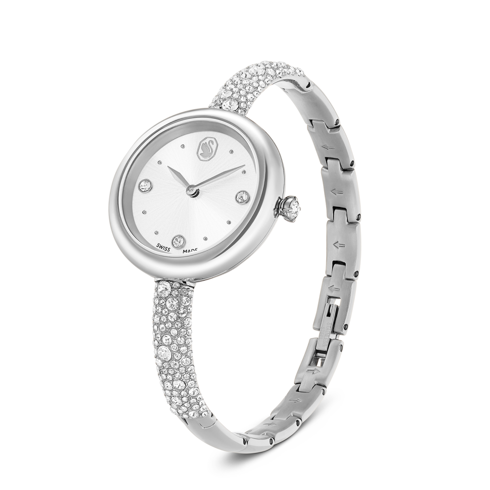 Silver watch with a decorative band on a white background
