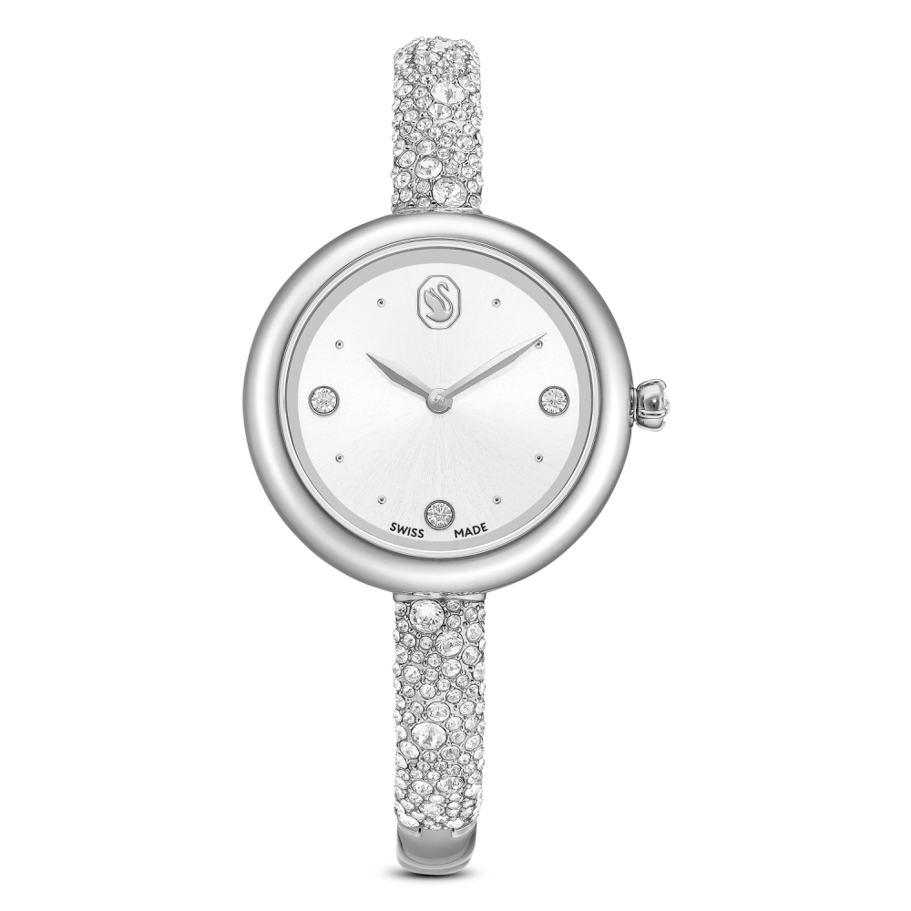Silver watch with crystal-studded band on a white background