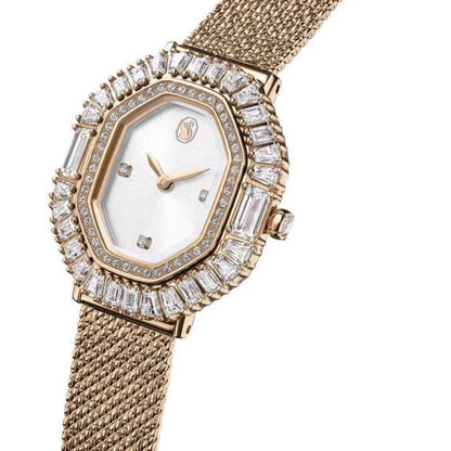 Rose gold watch with diamond-studded bezel on a white background