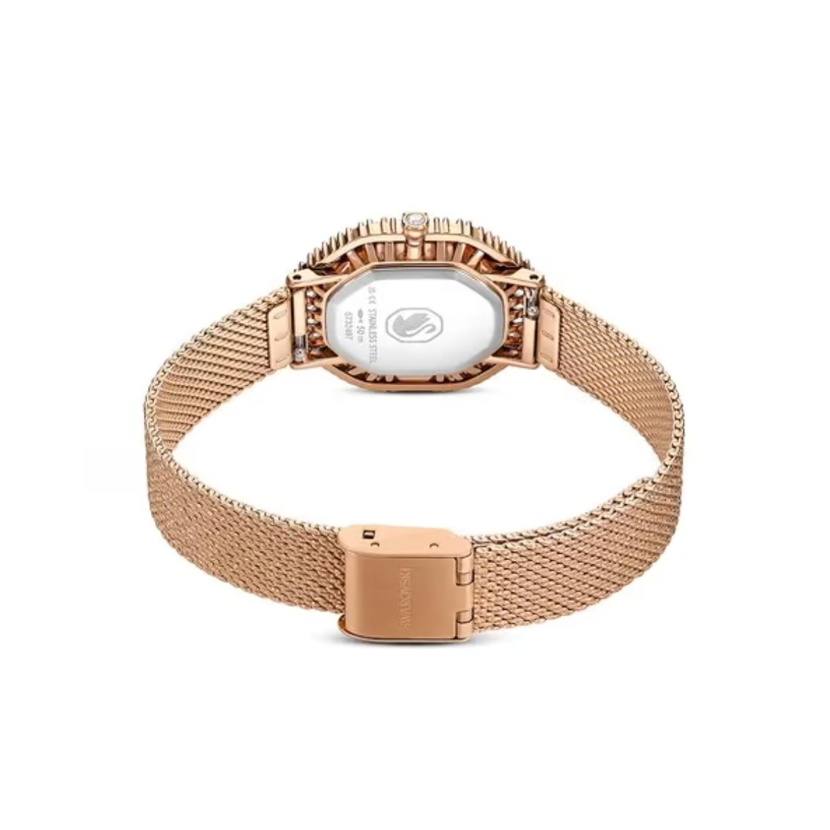 Rose gold watch with mesh band on a white background