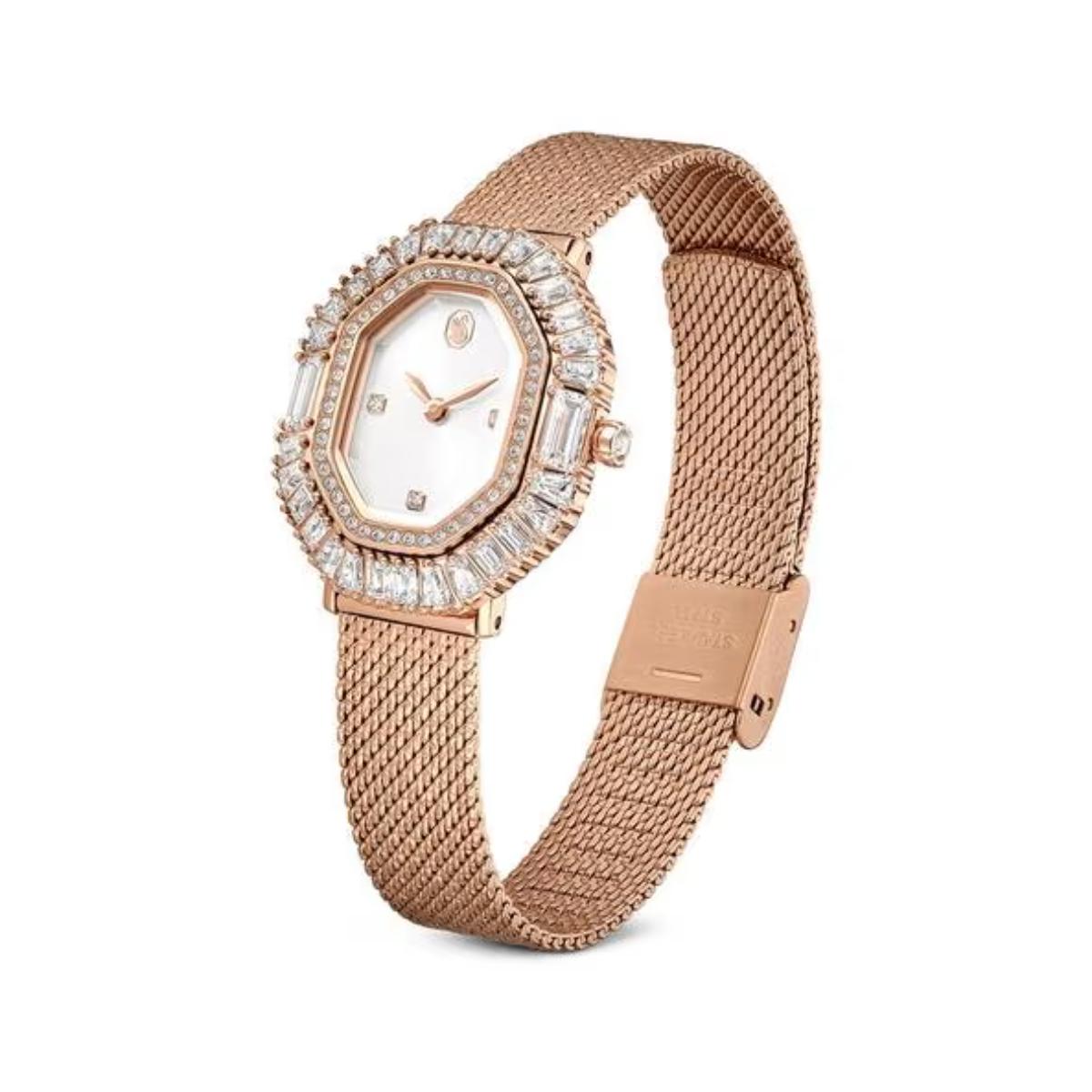 Rose gold watch with diamond-studded bezel on a white background