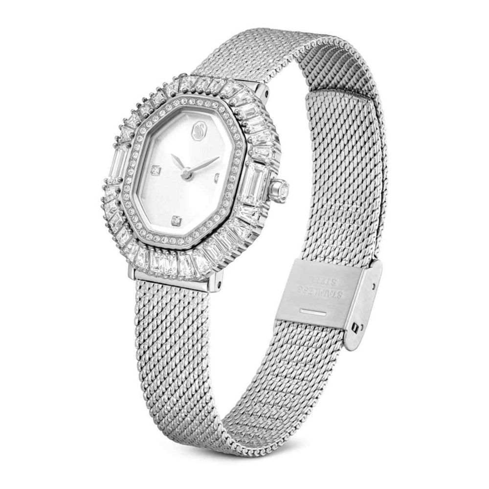 Silver watch with mesh band and diamond-studded bezel on a white background