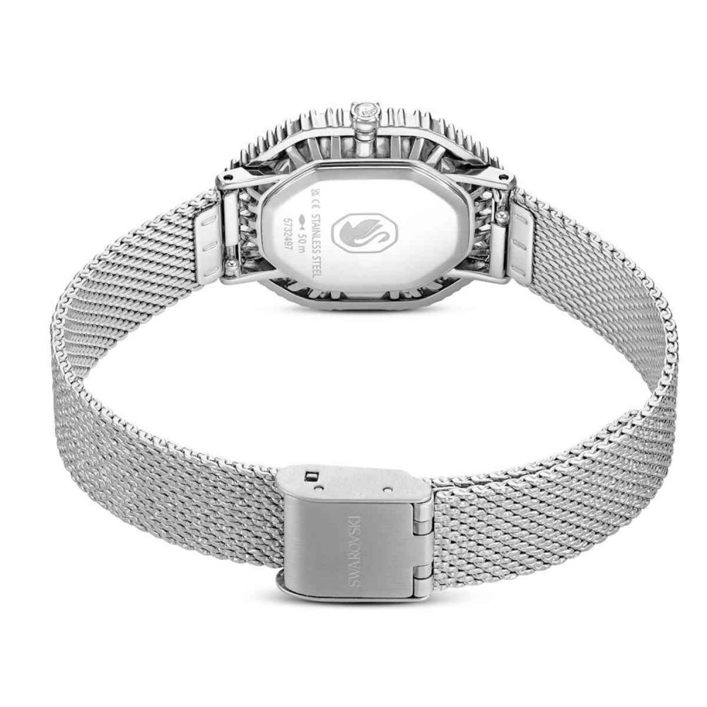 Silver watch with mesh band on a white background