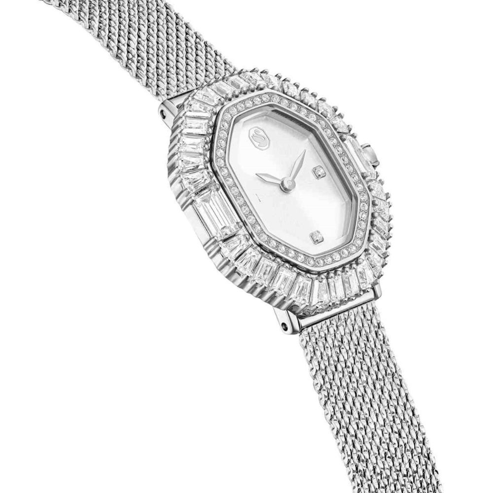 Silver watch with diamond-studded bezel on a white background