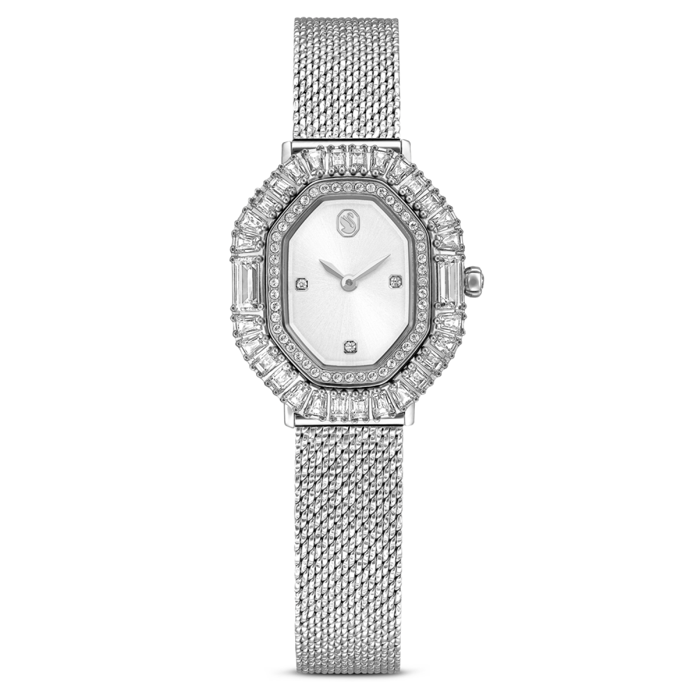 Silver watch with diamond accents on a white background