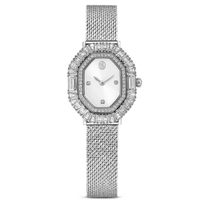 Silver watch with diamond accents on a white background