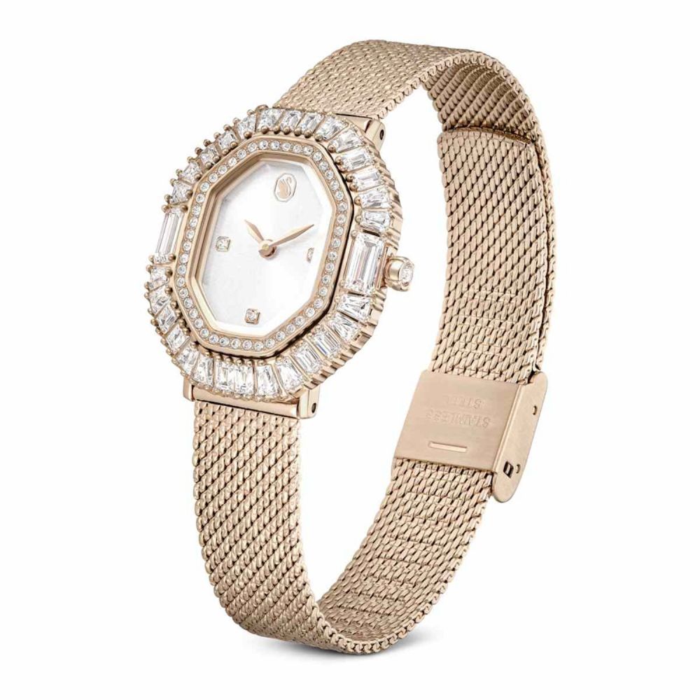 Rose gold watch with diamond-studded face on a white background
