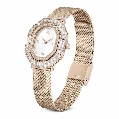 Rose gold watch with diamond-studded face on a white background
