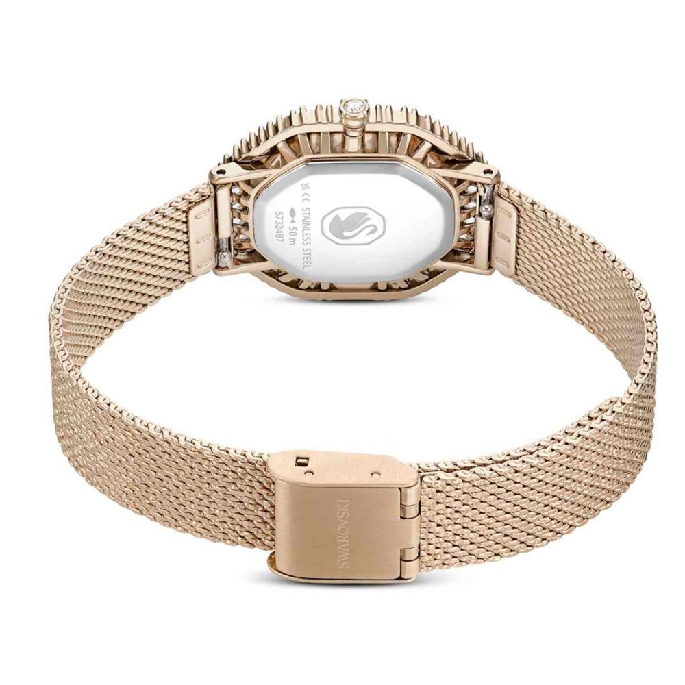 Rose gold watch with mesh band on a white background