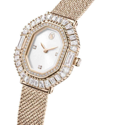 Rose gold watch with diamond accents on a white background