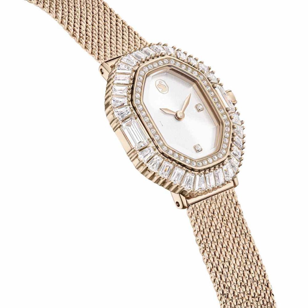 Rose gold watch with diamond accents on a white background