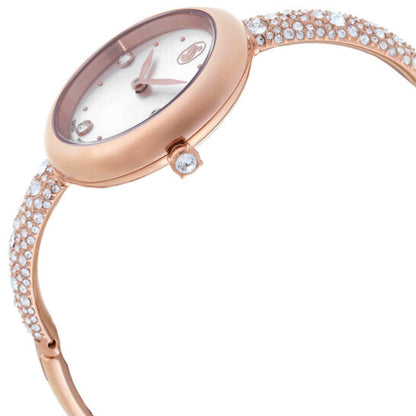 Rose gold watch with crystal embellishments on a white background