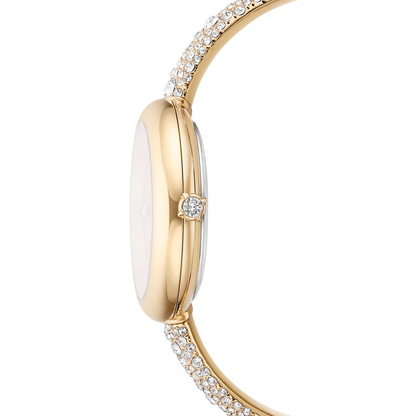 Gold watch with white face and diamond accents on a white background