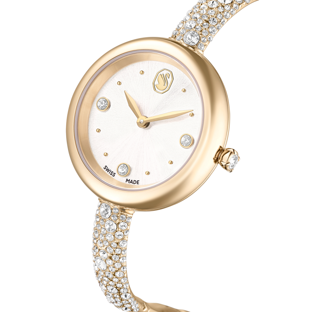 Gold wristwatch with diamond-studded strap on a white background