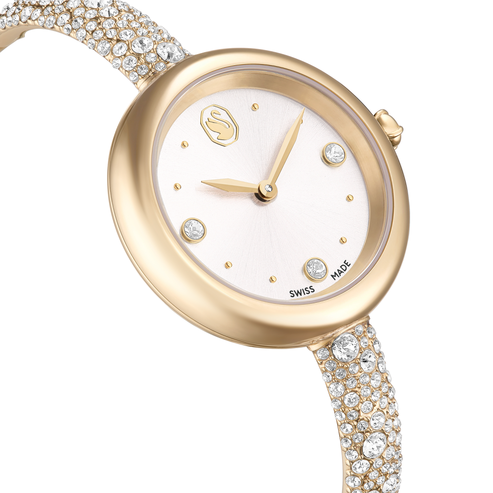 Gold watch with diamond-studded strap on a white background
