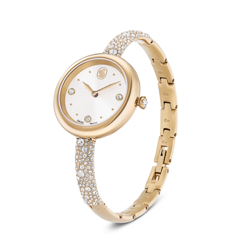 Gold watch with a decorative band on a white background