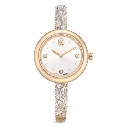 Gold watch with crystal-studded strap on a white background