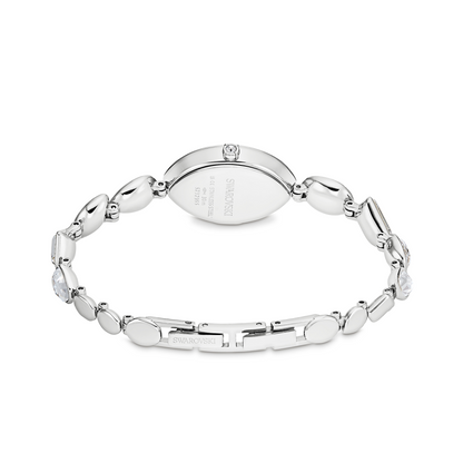 Silver bracelet with a round clasp on a white background