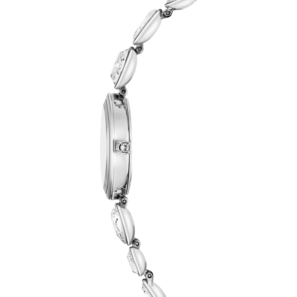 Silver watch with marquise-shaped gemstones on a white background