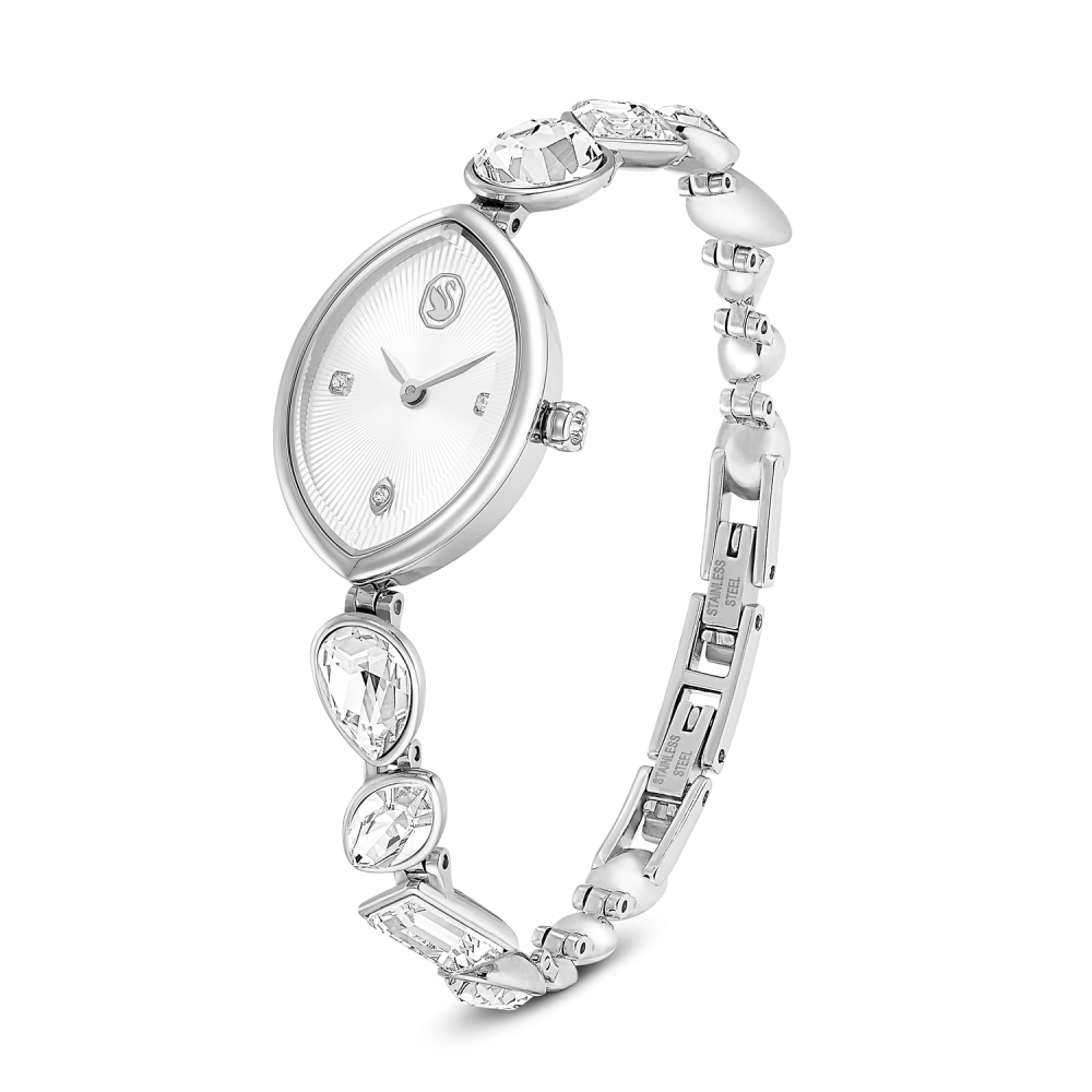Silver watch with crystal embellishments on a white background