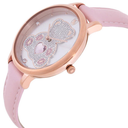 Pink watch with rose gold case and floral design on a white background