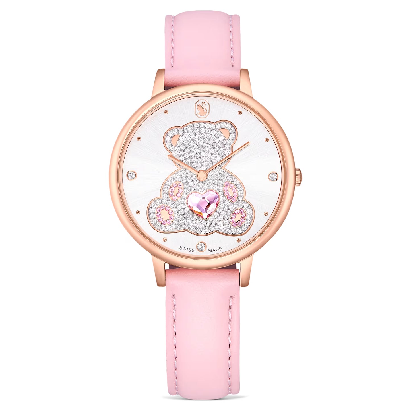 Watch with pink strap and decorative face on a white background