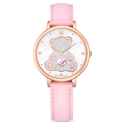 Watch with pink strap and decorative face on a white background