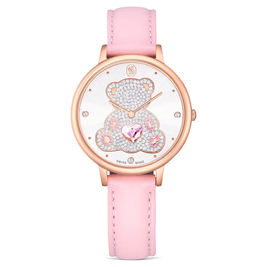 Watch with pink strap and decorative face on a white background