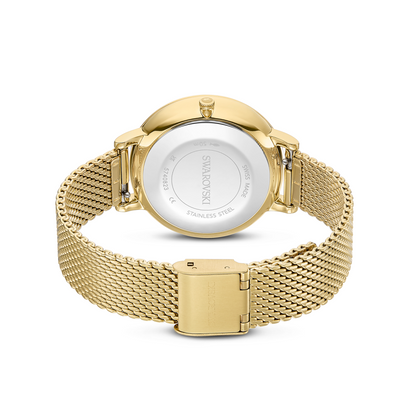 Gold watch with mesh band on a white background