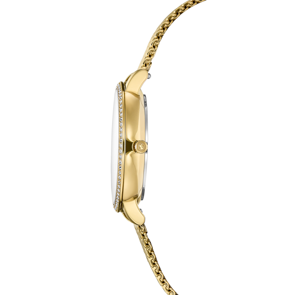 Gold watch with chain strap on a white background