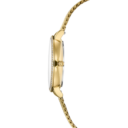 Gold watch with chain strap on a white background