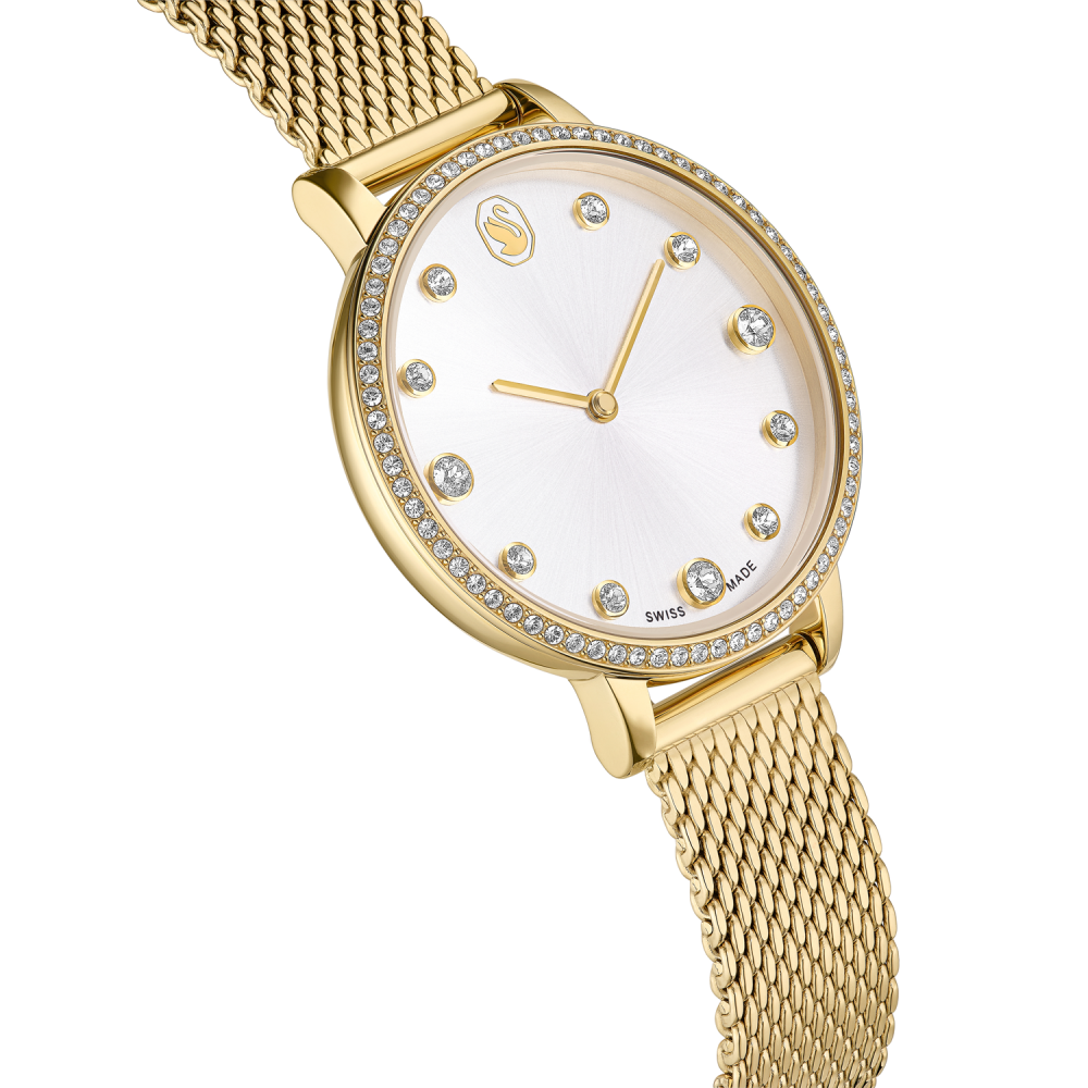 Gold watch with a white face and mesh band on a white background