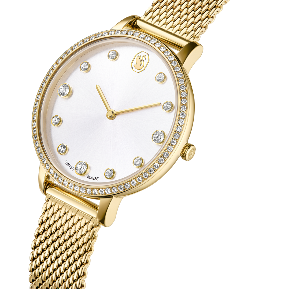 Gold watch with a white face and diamond-like stones on a white background