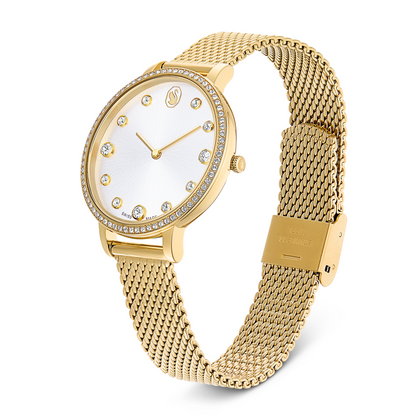 Gold watch with mesh band and diamond-like accents on a white background