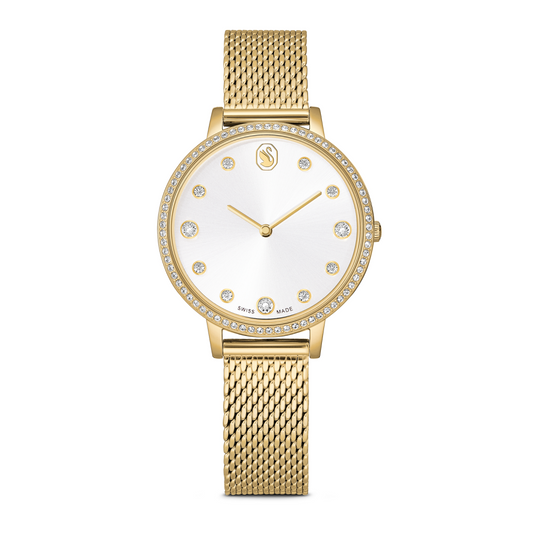 Gold watch with diamond-studded face on a white background