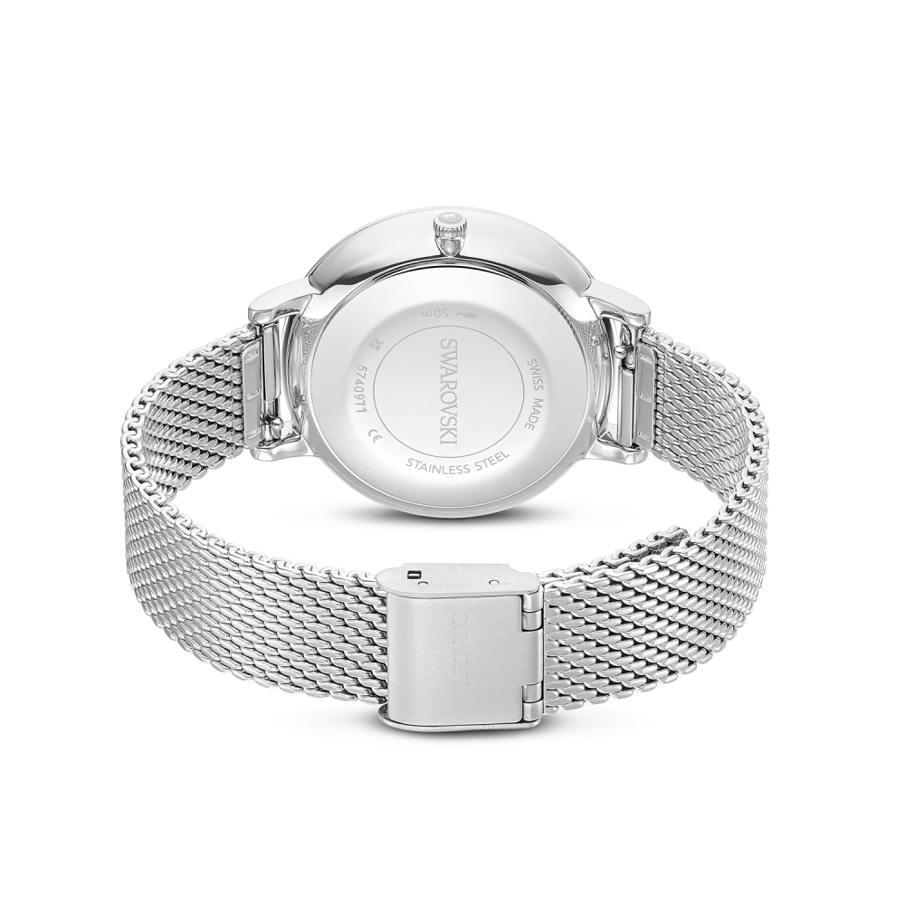 Silver watch with mesh band on a white background