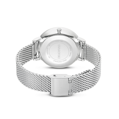 Silver watch with mesh band on a white background