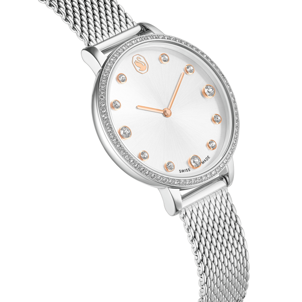 Silver watch with a mesh band and diamond-studded face on a white background